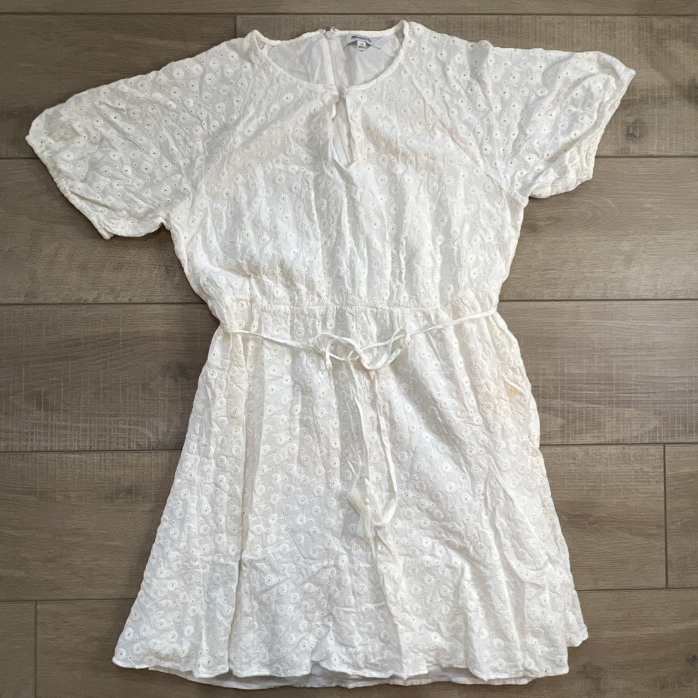 Madewell Eyelet Dress floral embroidered Tassel Tie Mini size 10 AL321 Lined